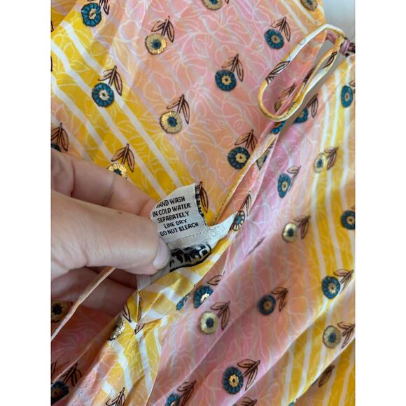 Zury Women’s Silk Blend Midi Dress Smocked Short Sleeve One Size Floral Yellow - Picture 6 of 6